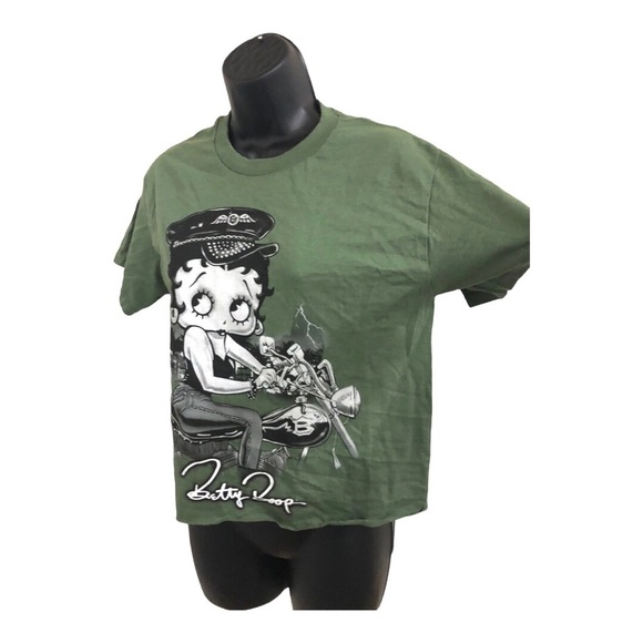 Betty Boop green betty on motorcycle graphic print cropped rolled hem tshirt - Picture 8 of 11